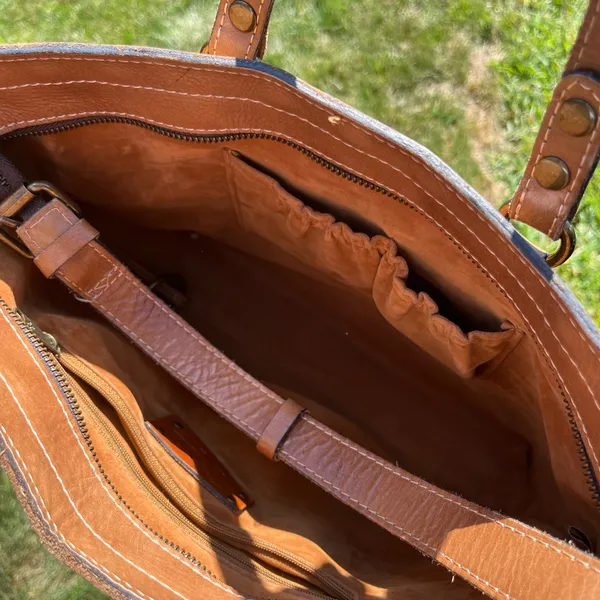 Patricia Nash Cognac Brown Map Design Leather Tote - Image 3