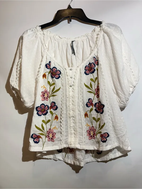 Anthropologie Embroidered Puff Sleeve Swing Blouse Boho Cotton Top Size XS - Image 2