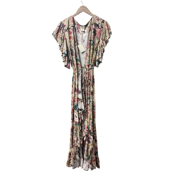 NEW BALIelf Made by Hand Carmen Wrap Short Sleeve Maxi Dress Beige Floral XL - Image 4