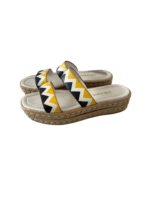 PRADA Zig Zag Beige Yellow Leather Platform Espadrilles Sandals Size 37.5 US 7.5 - Image 7