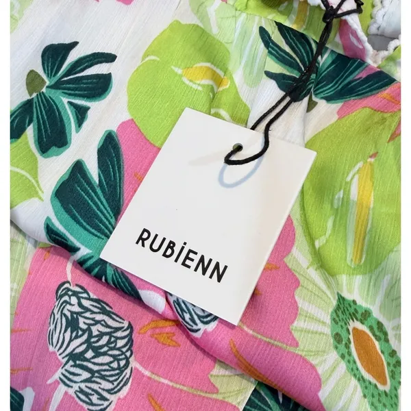 NWT Rubienn Maxi Dress L Pink Lime Green Floral Low Back Tiered Lace Trim Resort - Image 7