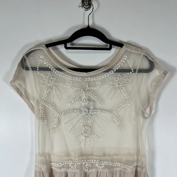 Free People Top Womens‎ Cream Sheer Beaded Mesh Boho Lace Top Size M NWT Boho - Image 2