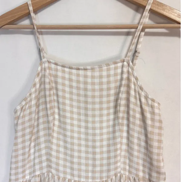 Gingham Midi Dress‎ Womens L Beige White Cotton Linen Blend Boho Cottage Summer - Image 2