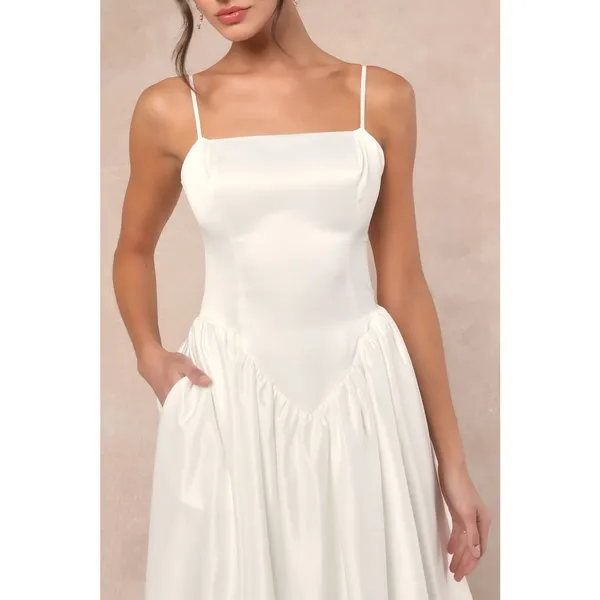 Lulus Luxe Bridal NWOT Bria White Satin Basque Waist Maxi Wedding Dress Medium - Image 2