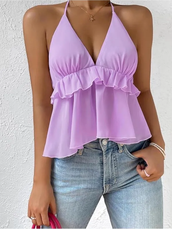 UUE Women's Purple Solid Halter V-Neck Ruffle Backless Tank Top, Size S - Image 8