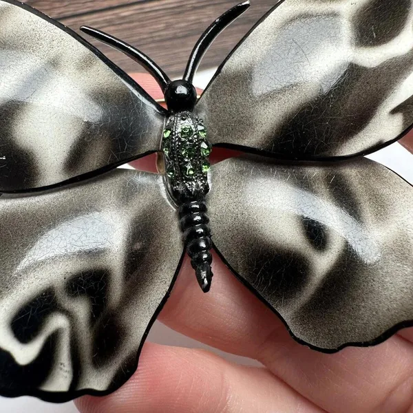 Large Rhinestone Butterfly Insect Enameled Metal Brooch Pin Enamel Black White - Image 5
