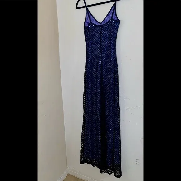 Rampage Old Hollywood Glam Black Netted Blue Lined Sequined Floor Length Dress - Image 2