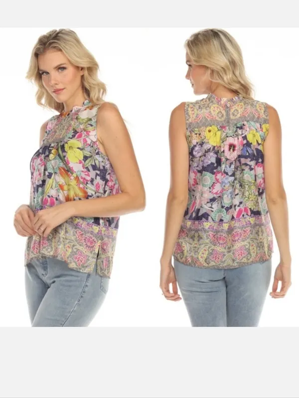 Johnny Was Cisco Ife Tank 100% Silk Tropical Floral Print Flowy Silhouette. - Image 3