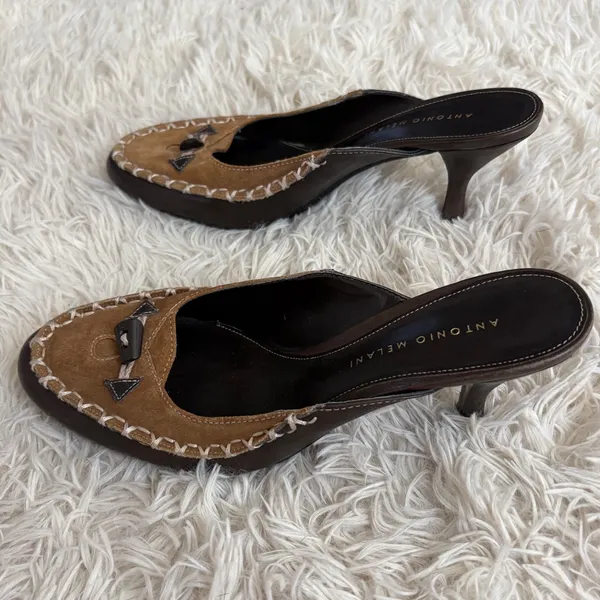 Antonio Melani Brown Suede Leather Mules Heels Size 8M Slip On‎ Shoes - Image 3