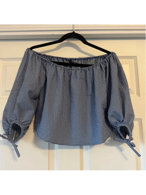 Women Zara Crop Top Gingham Blouse XS Blue Black White Bow Sleeve Off Shoulder - Image 3
