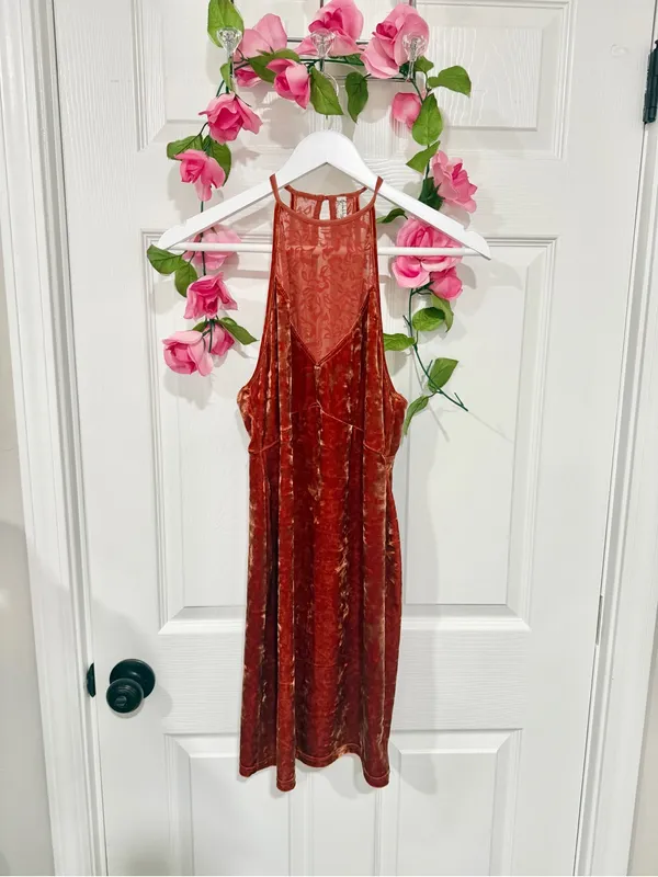 Intimately Free People XS Rust Crushed Velvet Halter Mesh Slip Mini Dress Boho - Image 2
