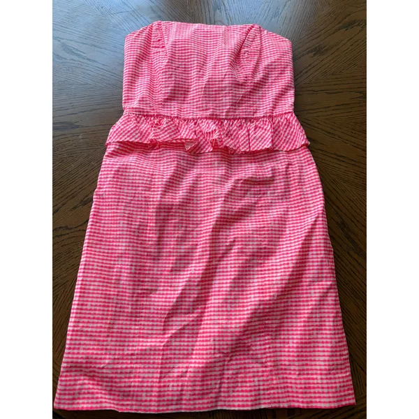 Lilly Pulitzer Pink Gingham Strapless Peplum‎ Mini Dress Size 0 Cotton Preppy - Image 2
