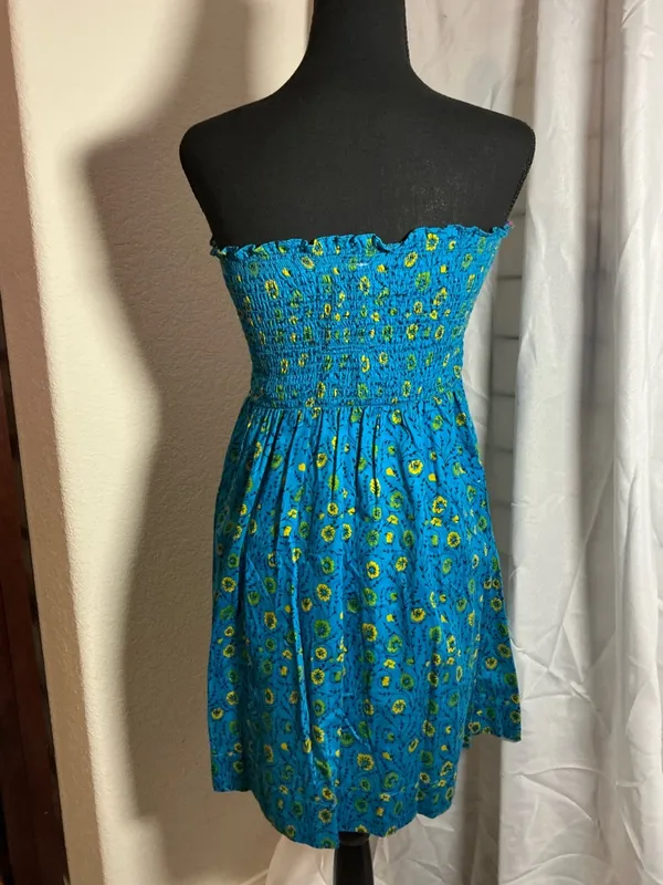 Free People Blue Floral Strapless Smocked Mini Dress Boho Summer - Image 4
