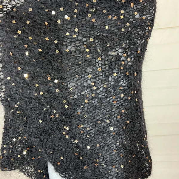 Womens Black Mohair Evening Wrap Shawl Gold Square Sequins Handknit - Image 5
