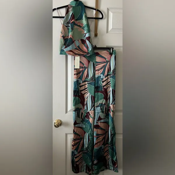Rachel Zoe Women’s 2-Piece Tropical‎ Palm Print Satin Halter & Pant Set Small - Image 4