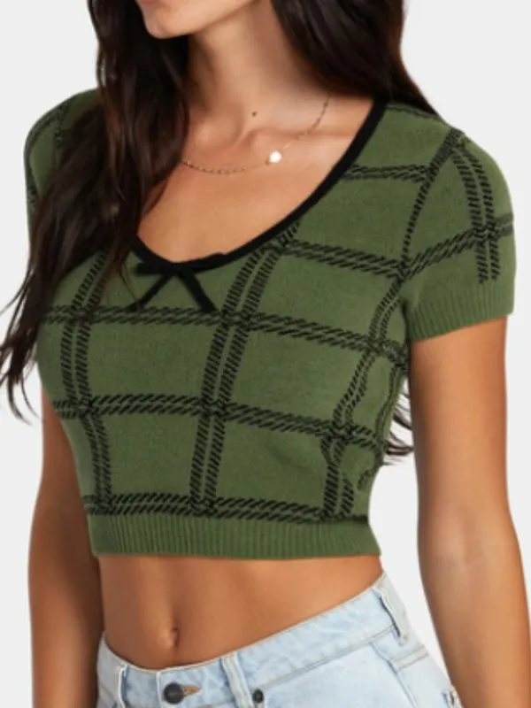 RVCA Green Black Plaid Knit Crop Top Bow Scoop Neck Short Sleeve EUC Size M - Image 3