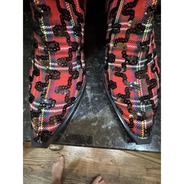 Betsey Johnson Women's Pamella Red/Black Plaid Sequin Knee High Boots Size 7.5 - Image 6