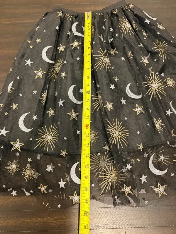 Celestial Moon Stars Tulle Skirt Black Gold Silver Sheer Mesh S/M Whimsigoth - Image 4