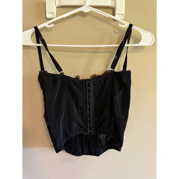 Black Lace Corset Top Underwire Eyelash Trim Mesh Bustier Hook Eye Closure Women - Image 2