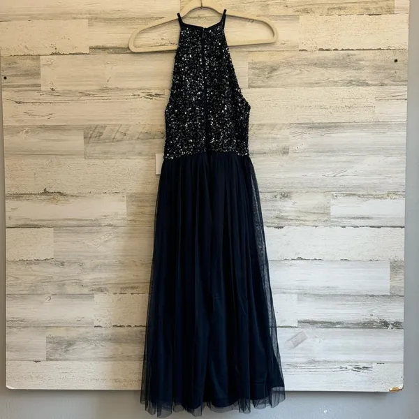 Maya Deluxe Halter Dark‎ Blue Sequin Top Tulip Skirt Midi Sleeveless Prom Dress - Image 3