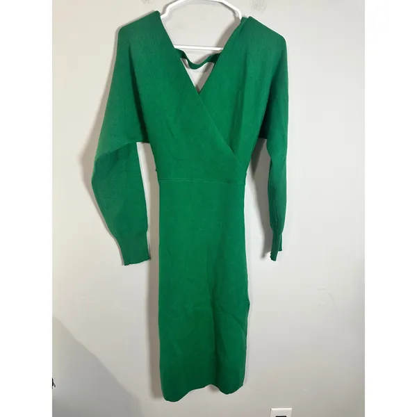 Cider Green Wrap Sweater Dress V-Neck Belted Back Cutout Midi CD20230904384 XS‎ - Image 3