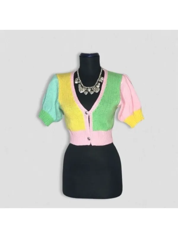 Y2K cropped knit top color block feminine coquette fairy boho cute-goth festival - Image 2