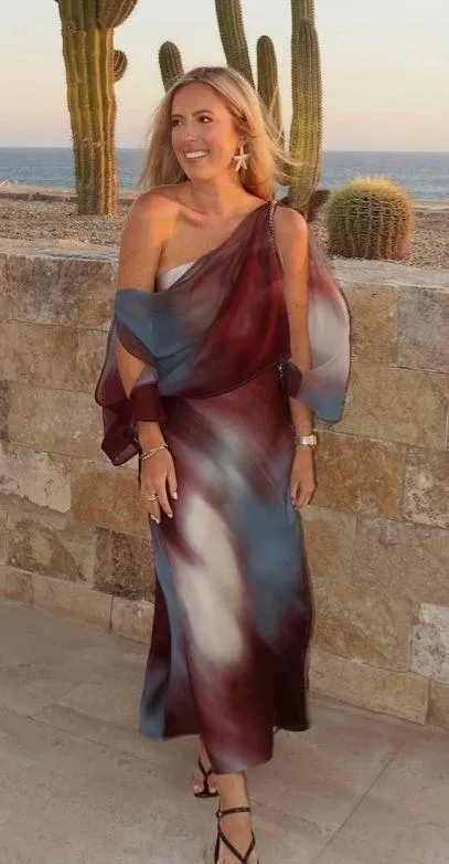 Zara midi dress layered tie dye Multicolor One-Shoulder satin evening wedding - Image 11