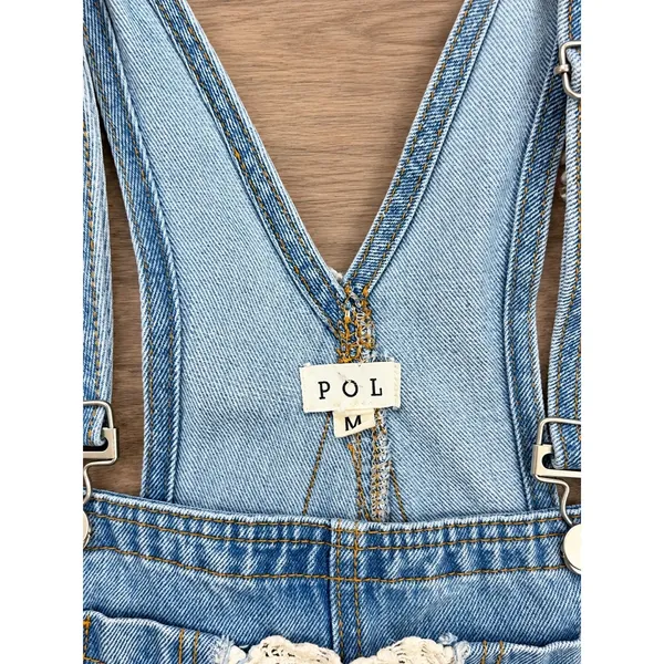POL Light Wash Denim Overalls Size M Crochet Lace Wide Leg Boho - Image 7