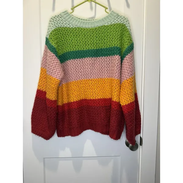 FARM Rio Women’s S Multicolor Rainbow Stripe Open Knit Crewneck Sweater Wool - Image 3