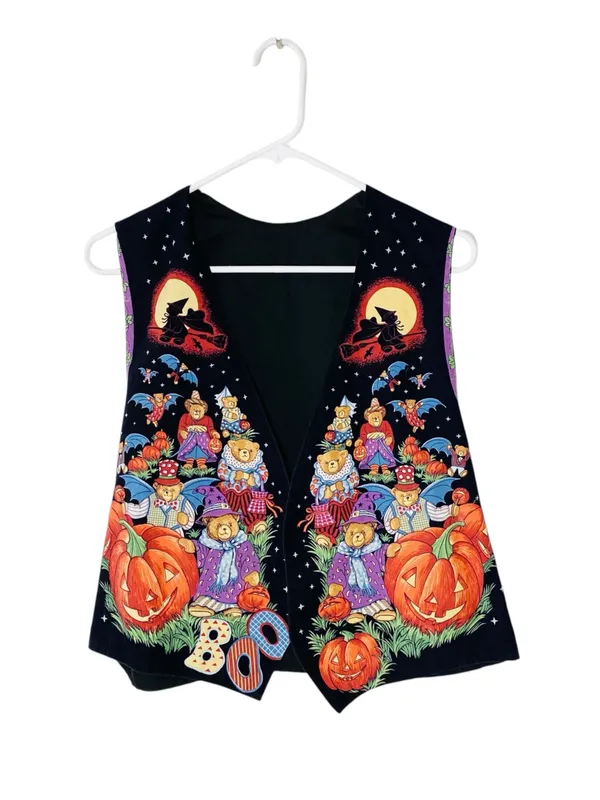 VINTAGE Halloween Bears Vest Black Size XL - Image 2
