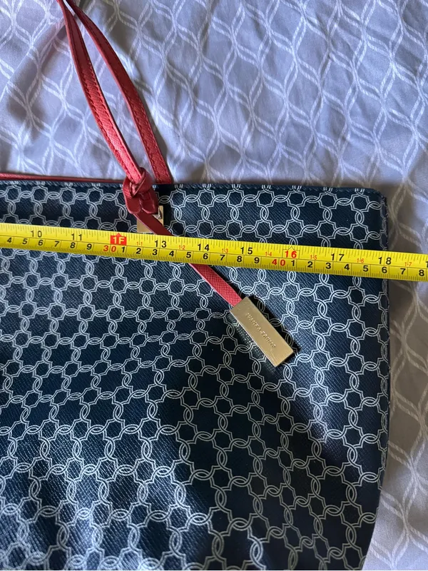 Stylish Navy Patterned Tote with coral Trim Blue - Image 6