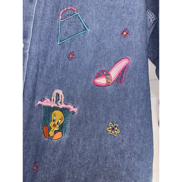 Vintage 2000 Warner Bros Studio Store Tweety Bird Embroidered Denim Shirt XL - Image 6