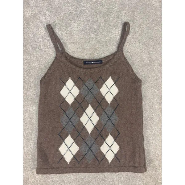 Brandy Melville Argyle Tank Top One‎ Size Brown Summer Sexy - Image 2