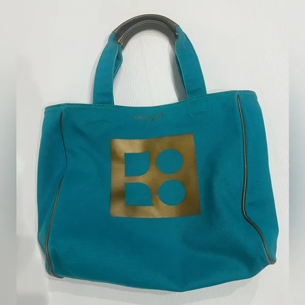 Vintage Rare Kate Spade Aqua turquoise Yo OKO Gold Canvas Bag - Image 3