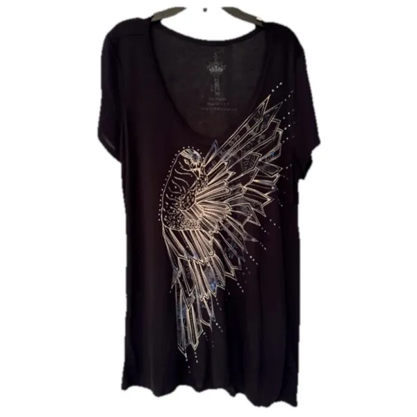 Key Closet War Bird Black Graphic Tee Swarovski Crystals Women’s Size Small - Image 2