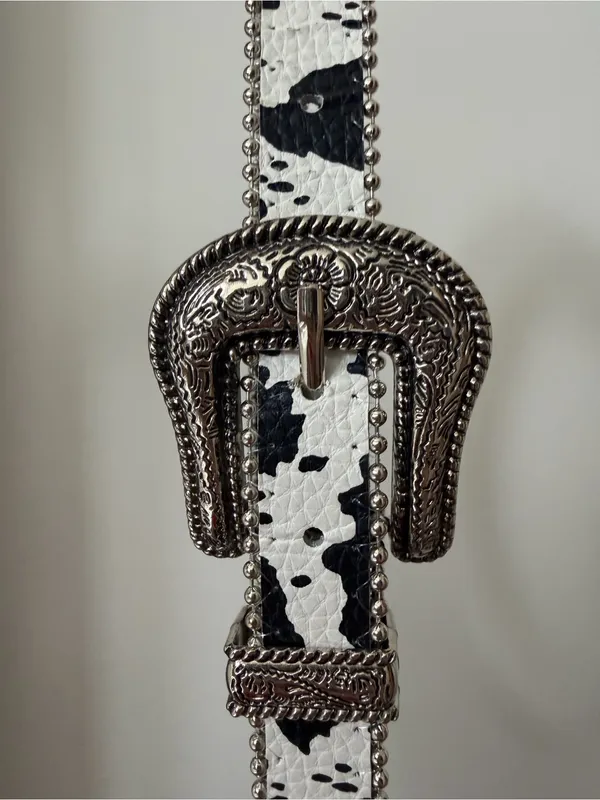 Western-Style Black and White Cow Print Belt with Silver Buckle - Image 4