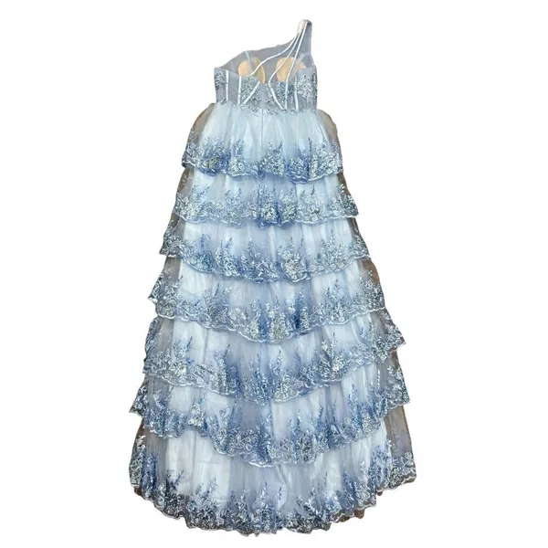 Tiered Asymmetrical Floral Sequin Formal Maxi Dress in Blue, Size 14​​​​ - Image 3