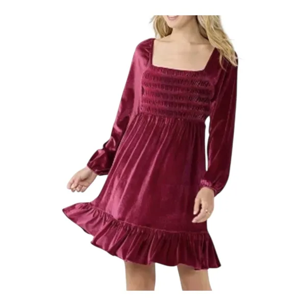 LC Lauren Conrad Velvet Mini‎ Dress Large Wine Red Smocked Ruffle Long Sleeve - Image 10