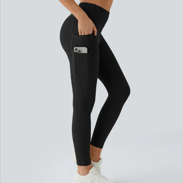 Halara SoftlyZero™ High Waisted Double Pockets Plain Leggings-UPF50+ in black. - Image 2