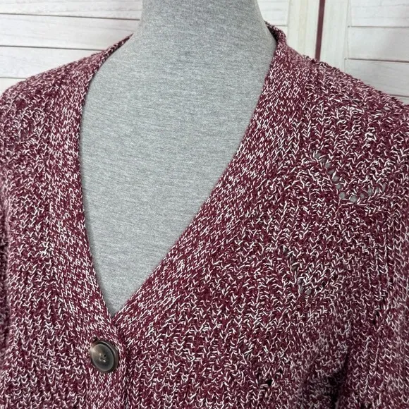 Old Navy‎ Marled Pointelle Knit V Neck Crop Cardigan Sweater Burgundy Red Small - Image 7