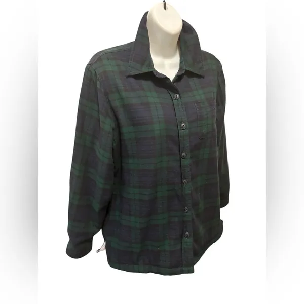 L.L. Bean Scotch Plaid Flannel Shacket Sherpa-Lined XS Green Navy Button Up Cozy - Image 2