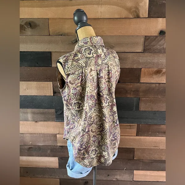 Vintage Haley Purple & Brown Paisley Floral Button Up Sleeveless Top Size Medium - Image 2