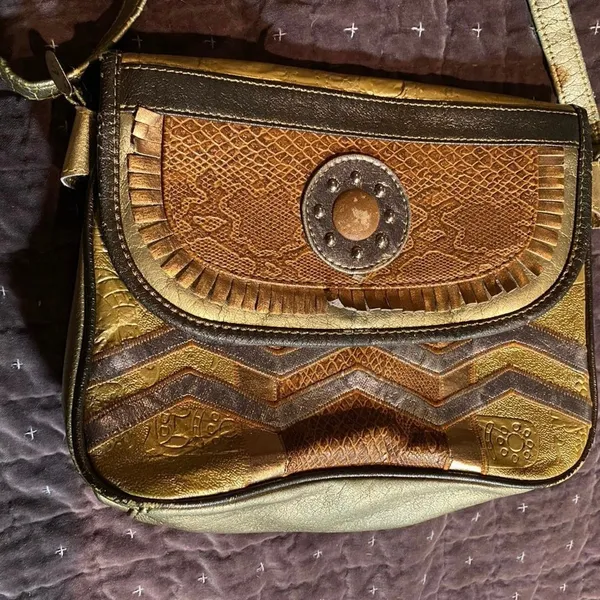Vintage Renias Sharif Patchwork Leather Crossbody Purse Gold Bronze Tones 80s - Image 4