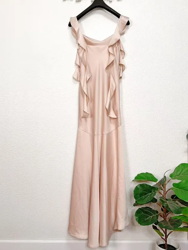 Lulus Meadow Ruffled Shoulder Satin Maxi Gown Dress in Blush Pink Bridesmaid - Image 6
