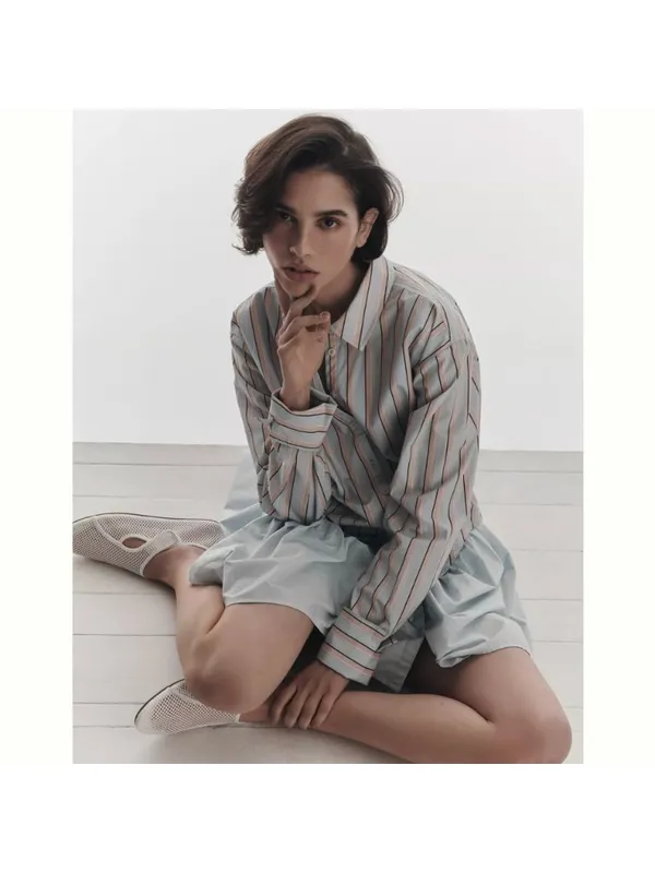 NWT Anthropologie Maeve Ruffle-Hem Mini Shirtdress Striped Blue Layered Dress S - Image 2