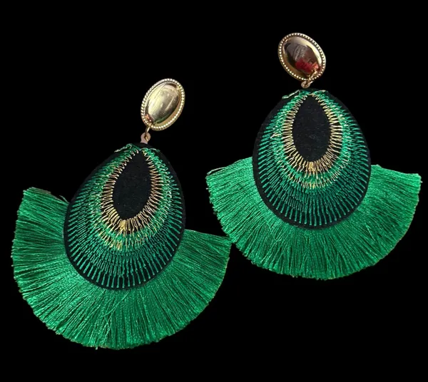Large bohemian green peacock feather tassel earrings - Image 2