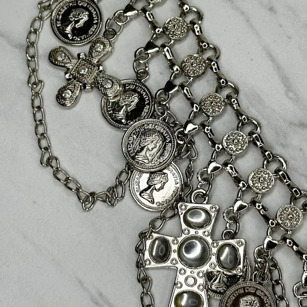 Rhinestone Cross and Coin Charm Silver Tone Metal Chain Link Belt OS One Size - Image 4