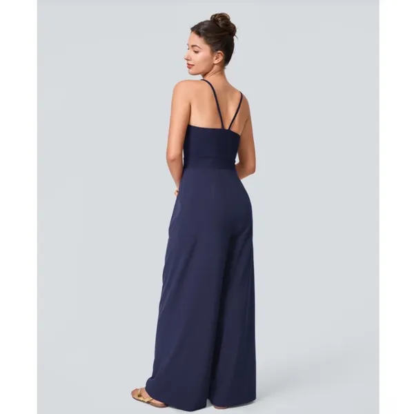 Halara | Navy Blue V Neck Double Strap Wide Leg Jumpsuit‎ with Pockets, Size XS - Image 2