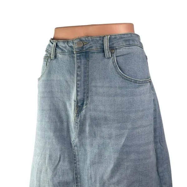 OAT Blue Light Wash High Waisted Split A Line Midi Denim Jean Skirt Size 10/30 - Image 3