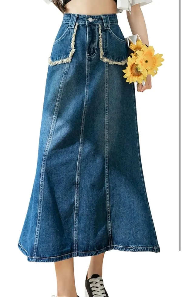 Denim lace trim A-Line Maxi Skirt - Image 6